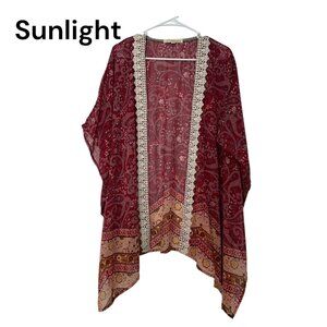 Rewind Women Red-Pink Paisley Crochet Trim Kimono Cardigan SZ XL Coverup Beach